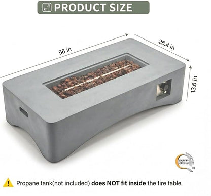 56" Propane Fire Pit Table, 50,000 BTU Rectangular Outdoor Gas Fire Pit, Concrete Patio Fire Table with Tank Seat, Lava Rocks & Waterproof Cover for Backyard Deck, Light Grey