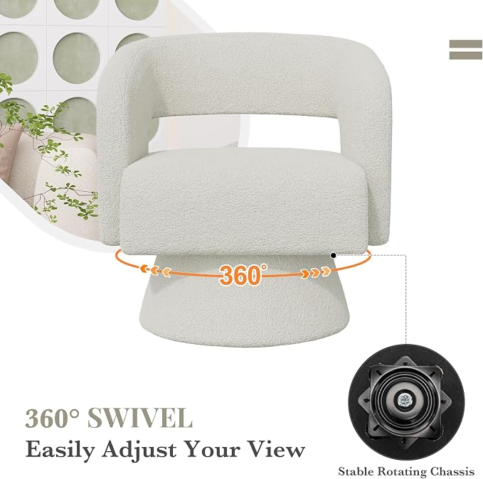 Swivel Barrel Accent Chair,Oversized Teddy Upholstered Round Swivel Chair,Modern Luxury 360 Degree Living Room Vanity Chair for Bedroom Office,White