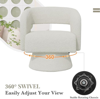 Swivel Barrel Accent Chair,Oversized Teddy Upholstered Round Swivel Chair,Modern Luxury 360 Degree Living Room Vanity Chair for Bedroom Office,White