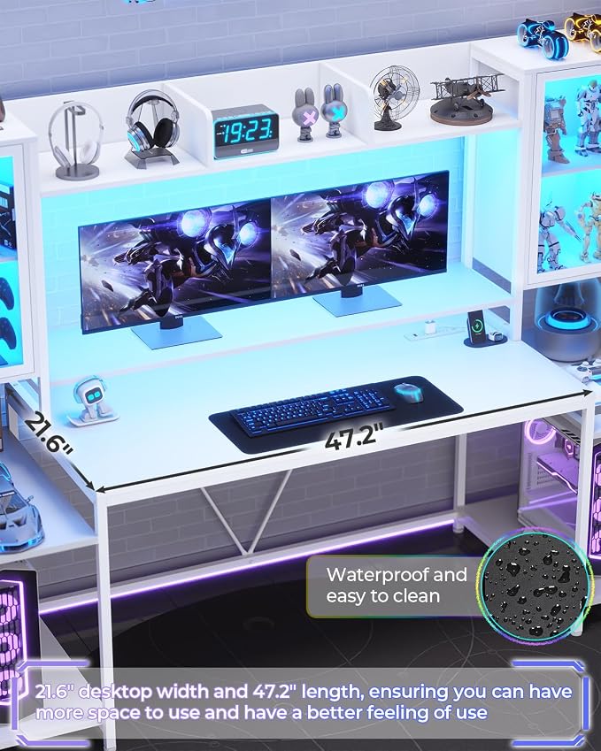 SEDETA Gaming Desk 74.8'' with LED Lights, Hutch and Storage Shelves, Computer Desk with Monitor Stand, Large PC Gamer Desk Workstation, Ergonomic Gaming Table for Bedroom, Living Room, White