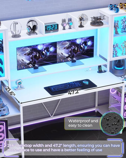 SEDETA Gaming Desk 74.8'' with LED Lights, Hutch and Storage Shelves, Computer Desk with Monitor Stand, Large PC Gamer Desk Workstation, Ergonomic Gaming Table for Bedroom, Living Room, White