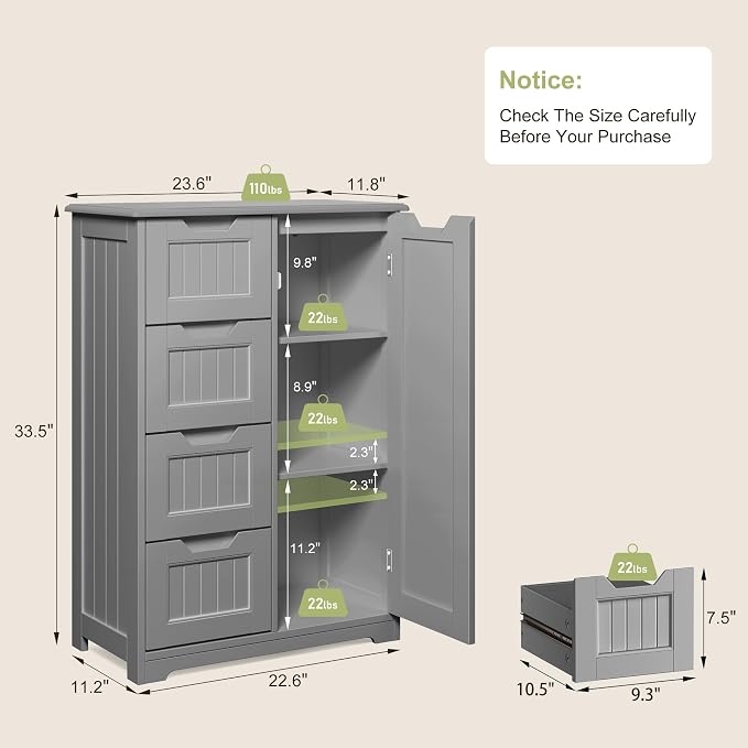 Gizoon Small Pantry with Door and Shelves, 33'' Kitchen Pantry Cabinet Freestanding Wooden Bathroom Storage Cabinet with 4 Drawers for Kitchen and Dining Room, Gray, Painted