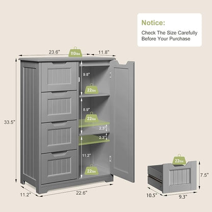 Gizoon Small Pantry with Door and Shelves, 33'' Kitchen Pantry Cabinet Freestanding Wooden Bathroom Storage Cabinet with 4 Drawers for Kitchen and Dining Room, Gray, Painted
