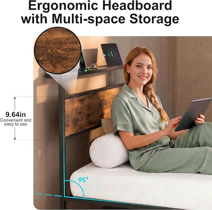 Twin Bed Frame with 2 Drawers and Storage Headboard, Metal Platform with LED Lights and Charging Station, No Box Spring Needed, Noise Free, Easy Assembly