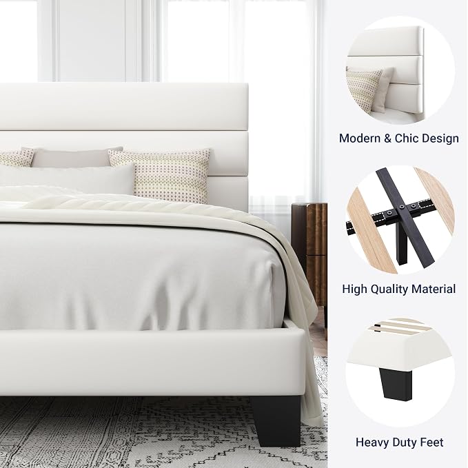 Allewie Full Size Platform Bed Frame with Velvet Upholstered Headboard and Wooden Slats Support, Fully Upholstered Mattress Foundation/No Box Spring Needed/Easy Assembly, White