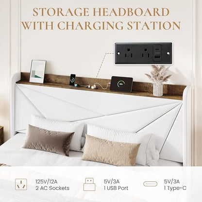 SHA CERLIN King Size Bed Frame with 3 Drawers, USB & Type-C Charging Ports, Velvet Upholstered Platform Bed with Modern Geometric Wingback Storage Headboard, No Box Spring Needed, Easy Assembly, White