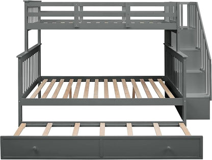MERITLINE Twin Over Full Bunk Bed with Trundle, Storage Staircase,Solid Wood Bunk Bed with Stairs Box and Guardrail, No Spring Box Needed (Grey &Trundle,Twin Over Full)