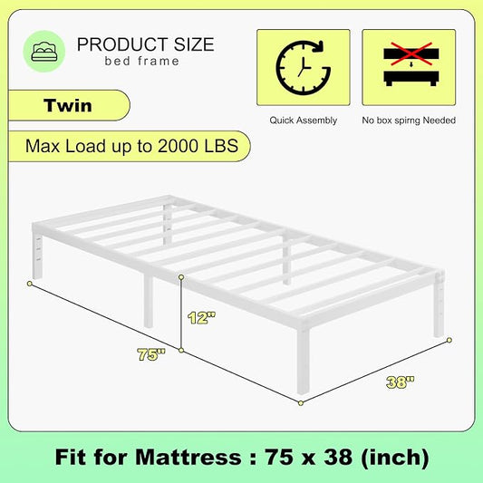 Cieemine 12 Inch Twin Bed Frames, Heavy Duty Metal Twin Platform Bed Frame, No Box Spring Needed, Easy Assembly, Noise-Free, White