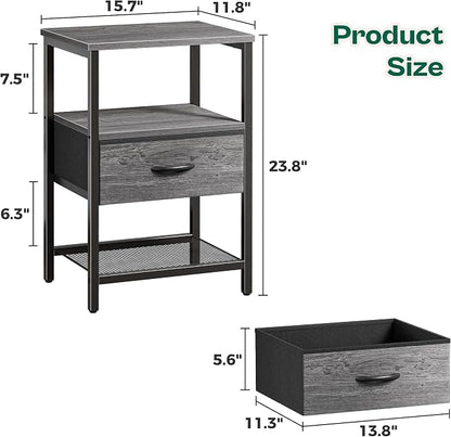 Huuger Nightstand Set of 2, Night Stand with Fabric Drawer, Mesh Shelf, Side Table with Storage, Fabric Drawer Dresser, Open Shelf, Metal Frame, Bedroom, Grey