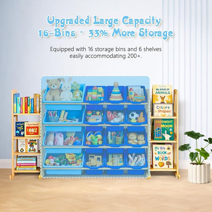Kids Toy Storage Organizer with Bookshelf – Wooden Shelf with 16 Bins & 6 Shelves, Quick Assembly Storage Rack for Playroom, Bedroom, Nursery - Blue