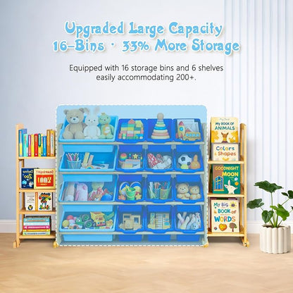 Kids Toy Storage Organizer with Bookshelf – Wooden Shelf with 16 Bins & 6 Shelves, Quick Assembly Storage Rack for Playroom, Bedroom, Nursery - Blue