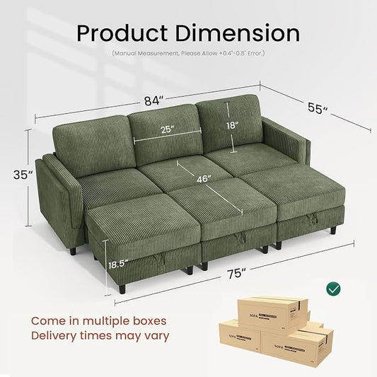KKL 6 Seaters Sofa Bed for Living Room - Sofa Couch with Storage Ottoman, Convertible L/U-Shaped Sleeper Couch for Living Room, Modern Reversible Design, Green