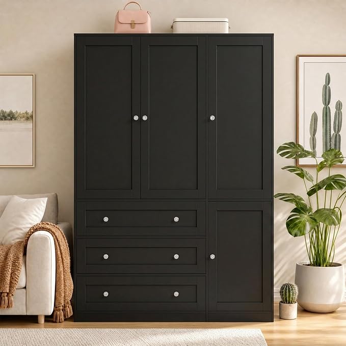 Garvee 71" Storage Cabinet Closet with 3 Drawers, Large Modern Storage Cabinet, 4 Door Wooden Bedroom Cabinet with Shelves, Black