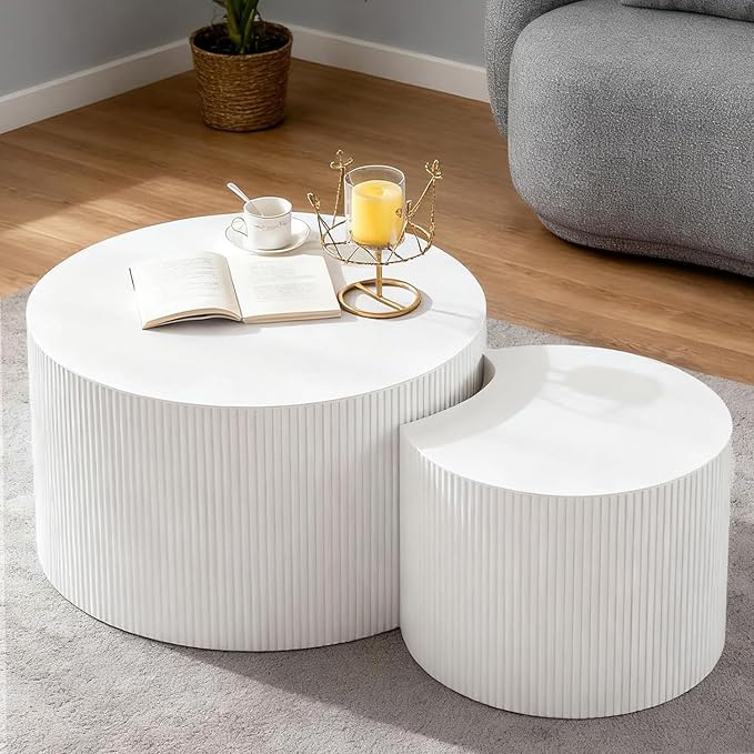Round Nesting Coffee Table Modern White Fluted Coffee Table Set of 2 Stripe Cream Round Coffee Tables Drum Crescent Side Table Accent End Table for Living Room (White A Large)