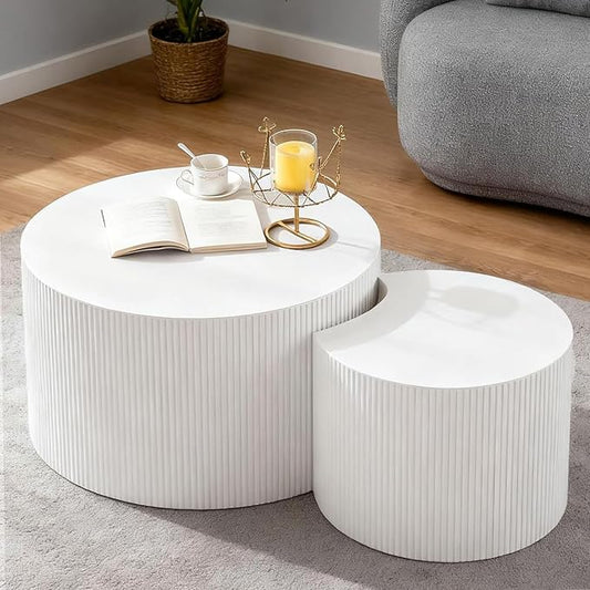 Round Nesting Coffee Table Modern White Fluted Coffee Table Set of 2 Stripe Cream Round Coffee Tables Drum Crescent Side Table Accent End Table for Living Room (White A Large)