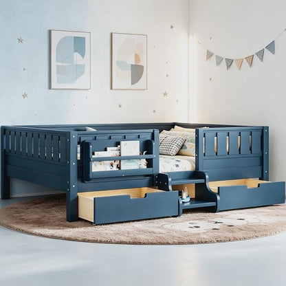 Bellemave Full Size Bed Frame with Storage Drawers & Bookshelf, Low Profile Kids Bed with Staircase & Full Length Guardrails, Solid Wood Full Size Bed Frame Kids with Slats Load 550 LBS, Blue