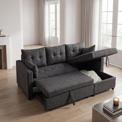 Convertible Sofa Bed, L Shape Sleeper Sofa with Reversible Storage Chaise, Tufted Fabric Sectional Sleeper Sofa with Pull Out Bed for Small Space, Living Room, Apartment, Charcoal Black