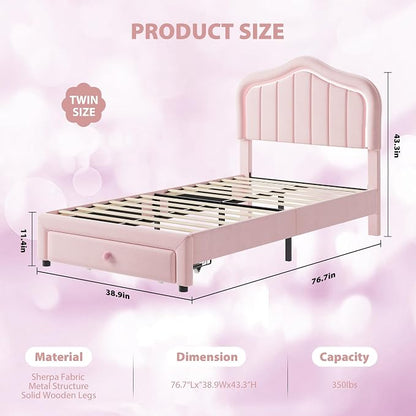 Twin Upholstered Bed Frame with Storage Drawer and Smart Led Headboard, Twin Size Platform Bed Frames for Kids, Wooden Slats Support, No Box Spring Needed, Easy Assembly, All Pink