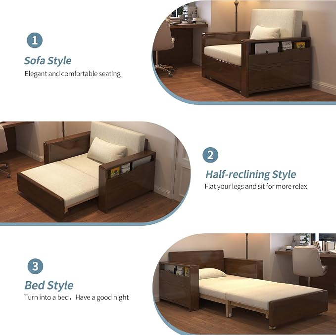 48" 3-in-1 Storage Sleeper Sofa Bed, Walnut Finish Solid Wood Frame | Solid wood sofa for living rooms, apartments & offices — single-size, it works as a guest bed to maximize small space.