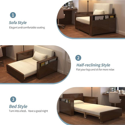 48" 3-in-1 Storage Sleeper Sofa Bed, Walnut Finish Solid Wood Frame | Solid wood sofa for living rooms, apartments & offices — single-size, it works as a guest bed to maximize small space.