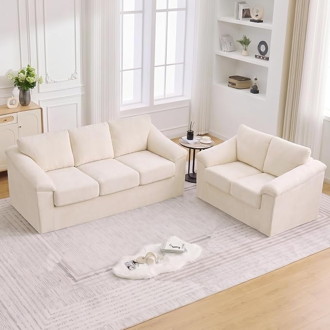 Boneless Couch Sets, Modern 3 Seater Sofa and Loveseat Sofa, Floor Cloud Couch Sets with Extra Comfy Soft Deep Seats for Living Room, Apartment, No Assemby, Set of 2, Beige