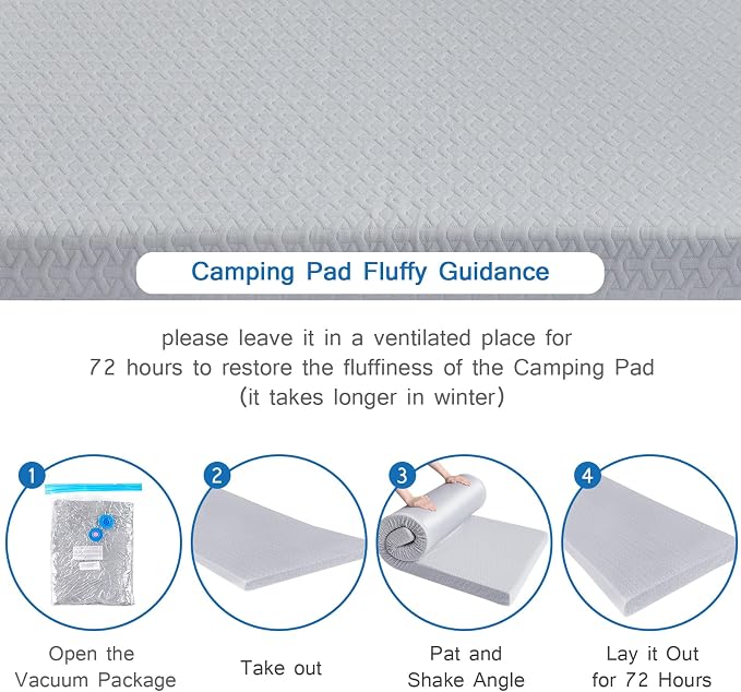 Memory Foam Camping Pad 3 Inch Thick, Soft Sleeping Pad with Waterproof Cover, Roll Up Cot Pad Topper for Travel Truck Bed Tent, Pad Only