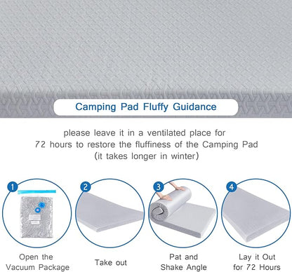 Memory Foam Camping Pad 3 Inch Thick, Soft Sleeping Pad with Waterproof Cover, Roll Up Cot Pad Topper for Travel Truck Bed Tent, Pad Only