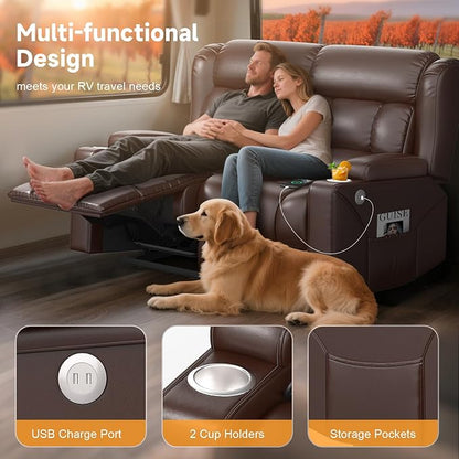 RV Loveseat Recliner Sofa, Wall Hugger Reclining Loveseat RV Couch with USB Ports, Large Pockets, Cup Holders, 150° Adjustable RV Recliners Furniture for Travel Trailers & Home Theater Seating