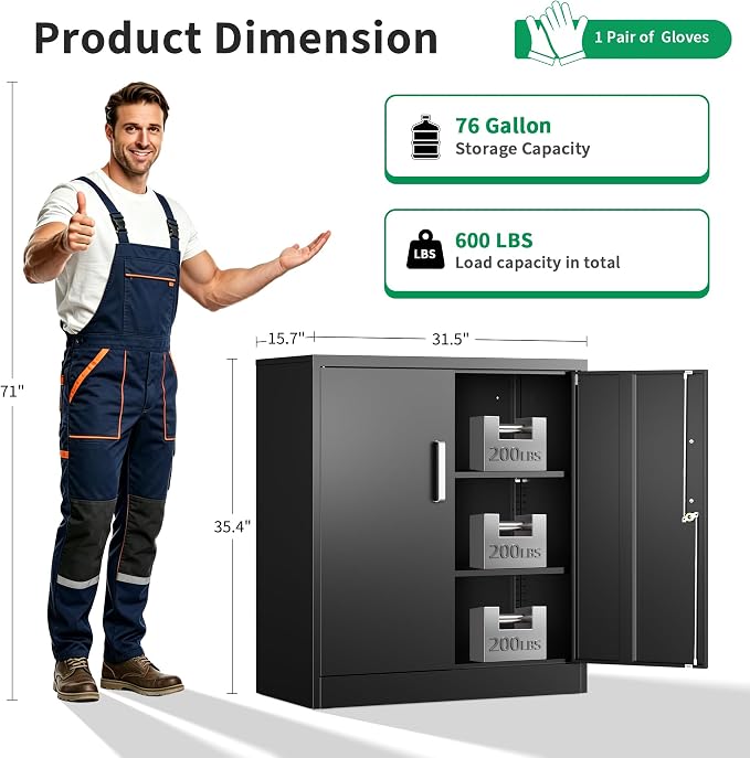 Metal Garage Storage Cabinet with Doors and Adjustable Shelves, 35.4" Locker Organizer Steel Garage Cabinets, Lockable File Cabinet for Home, Office, Warehouse, Tools