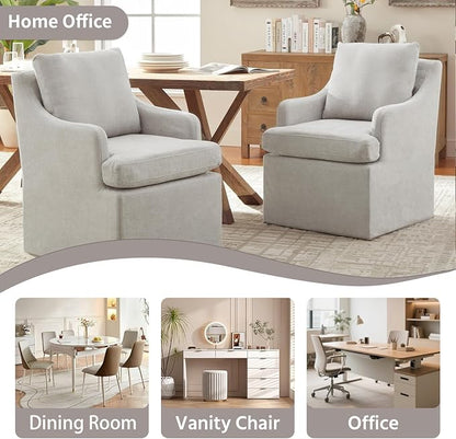 VKNOW Upholstered Dining Chairs Set of 6, Modern Kitchen Chairs Dinner Chairs with 4 Casters, Chenille Armchair for Bedroom Reading Room Living Room, Light Grey