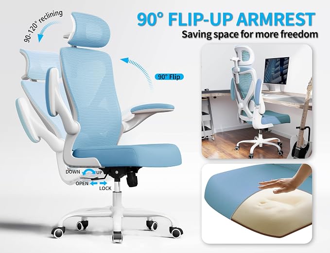 Ergonomic Office Chair - Mesh Desk Chair with Adjustable Lumbar Support High Back Computer Gaming Chairs - Big and Tall Office Chairs Adults, Comfortable for Long Hours, Sky Blue