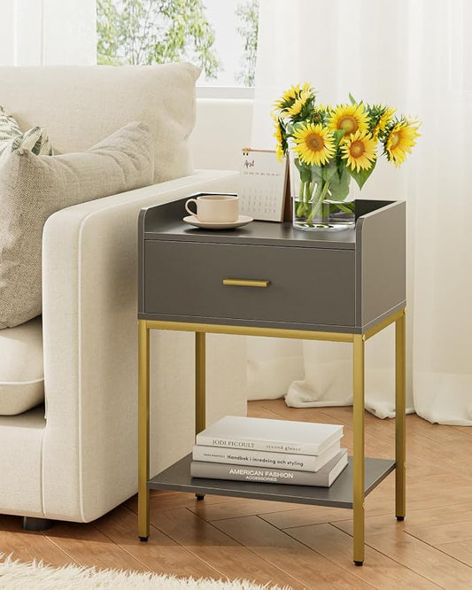 Masupu Gray Nightstand,3-Tier Modern Bedside Table Night Stand with Storage Drawer and Shelf,Small End Side Table for Bedroom,Living Room,(Without Outlet,)