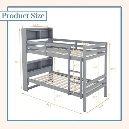 Twin Over Twin Bunk Bed with Storage Bookcase Headboard for Kids Boys Girls Teens, Rubber Wood Bunk Beds Frame with Storage Shelves, Can Be Separated into 2 Platform Beds, Gray