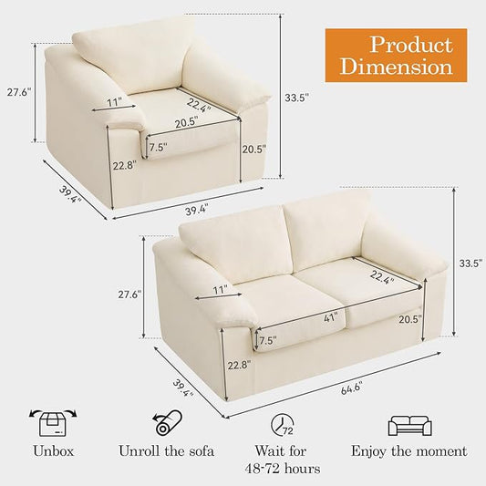 Boneless Couch Sets, Modern Loveseat Sofa with Accent Sofa Chair, Floor Cloud Couch Sets with Extra Comfy Soft Deep Seats for Living Room, Apartment, No Assemby, Set of 2, Beige