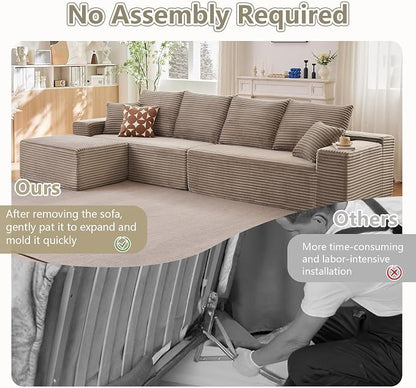 140" L Shaped Cloud Sectional Couch for Living Room, Modular Floor Deep-Seat Sofa, Big Comfy Corduroy Couches Set with Fluffy Memory Foam for Living Room Bedroom, No Assembly Required, Camel