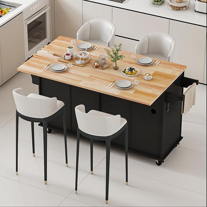 67 Kitchen Island Cart with Drop Leaf Breakfast Bar, Rolling Mobile Kitchen Island Table on Wheels with Storage Cabinet, Drawer, Spice/Towel Rack, Black