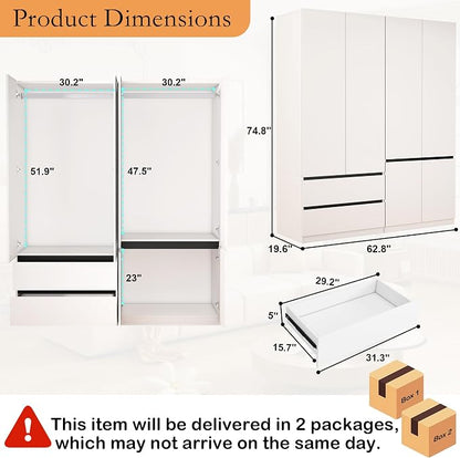 Armoire Wardrobe Closet with Drawers：75" Large White Wardrobe Closet Cabinet with 4 Doors for Hanging Clothes, Modern Wooden Bedroom Armoires with 2 Drawers and Storage (A+C, 63")