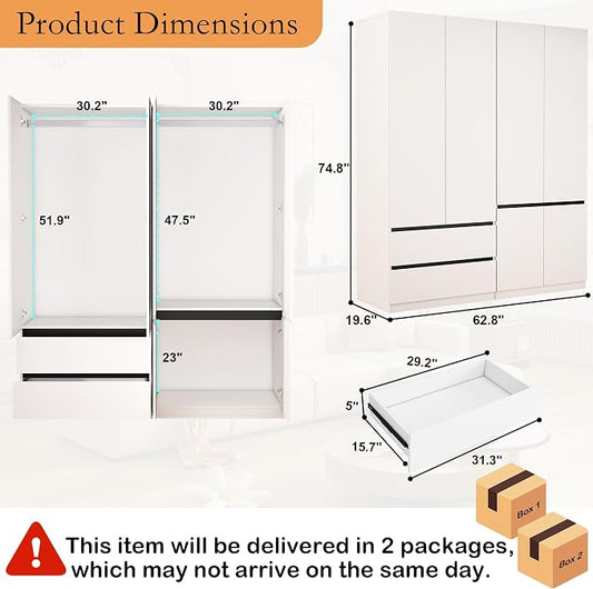 Armoire Wardrobe Closet with Drawers：75" Large White Wardrobe Closet Cabinet with 4 Doors for Hanging Clothes, Modern Wooden Bedroom Armoires with 2 Drawers and Storage (A+C, 63")