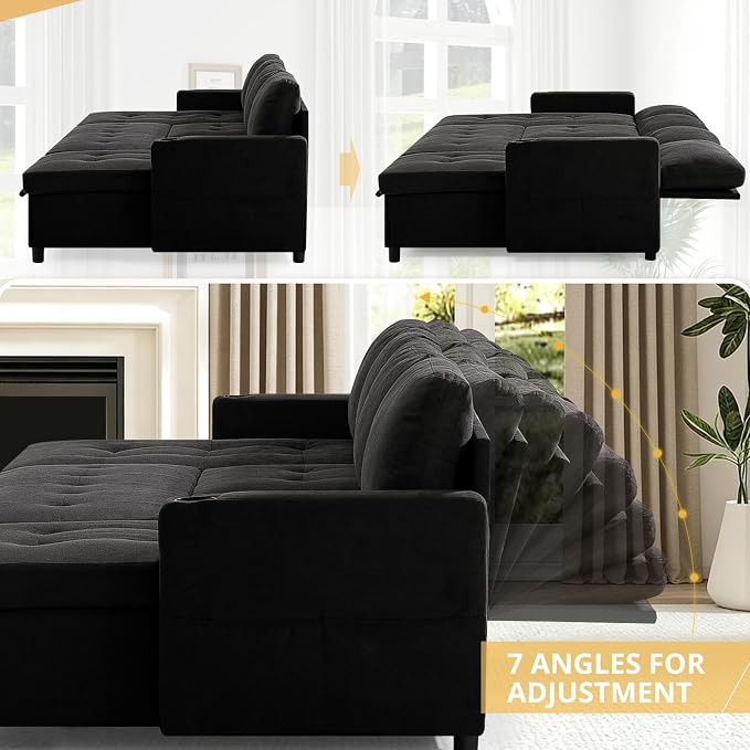 110" Fabric Pull-Out Couch Bed w/Adjustable Backrests, Black | Sectional Sleeper Sofa w/USB Ports & 2 Cup Holders, Upholstered U-Shaped Couch w/Storage Chaise for Living Room, House