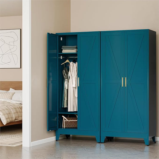 COFaR Metal Wardrobe Cabinet, 71" Farmhouse Storage Cabinet with Hanging Rod, 2 Barn Door, 2 Adjustable Shelves and Legs, for Bedroom, Laundry Room, Cloak Room, Gym, Office, School (Blue Green)