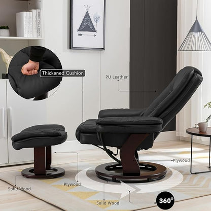 Swivel Recliner Chair with Ottoman Reclining Lounge Sofa Footrest, Set of 2 | 360°Sturdy Wood Base, Soft PU Leather, Upholstered Ultra-Plush Foam, Modern Armchair, Living Room Bedroom Office Reading Home