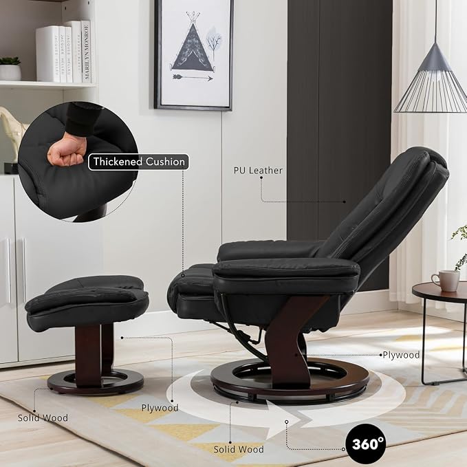 Swivel Recliner Chair with Ottoman Reclining Lounge Sofa Footrest, Set of 1 | 360°Sturdy Wood Base, Soft PU Leather, Upholstered Ultra-Plush Foam, Modern Armchair, Living Room Bedroom Office Reading Home