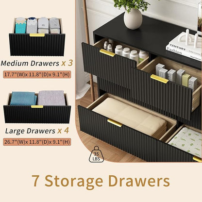 7 Drawer Dresser and Nightstand Sets for Bedroom, 3 Pcs Bedroom Set，Night Stand Set of 2 & 7 Drawer Dresser with Gold Handles, Modern Wood Chest of Drawers Storage Cabinet Set, Black