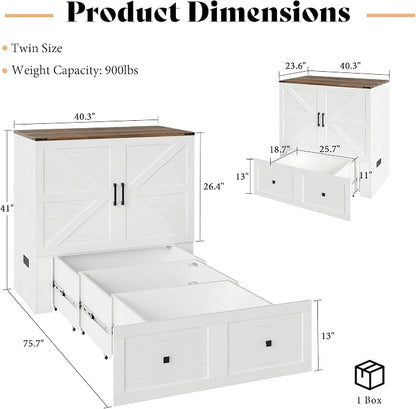 AMERLIFE Twin Murphy Bed Cabinet with Charging Station and Storage Drawer, Farmhouse Foldable Platform Bed for Home Office, Apartment, Small Spaces, Distressed White