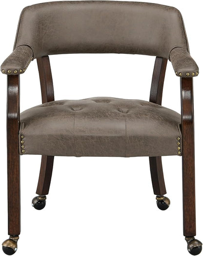 LEEMTORIG Set of 8 Dining Chairs with Casters and Arms, Rolling Dining Chairs with Wheels for Elderly, Ergonomic Wide Seat Wooden Office Chairs, 26"Dx25.2"W, Espresso Legs&Dark Brown Fabric SY-318-DK