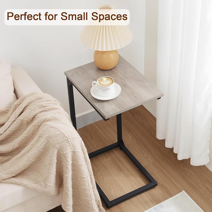 AMHANCIBLE C Shaped End Table Set of 2, Couch Side Table that Slide Under Sofa, Narrow Small Space TV Trays for Living Room, Bedroom, Greige HET02CGY