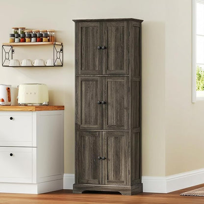 ChooChoo Tall Bathroom Storage Cabinet with 6 Doors, Freestanding Floor Cabinet with Adjustable Shelves, Rustic Weathered Gray Pantry Cabinet for Bathroom, Kitchen, Laundry Room