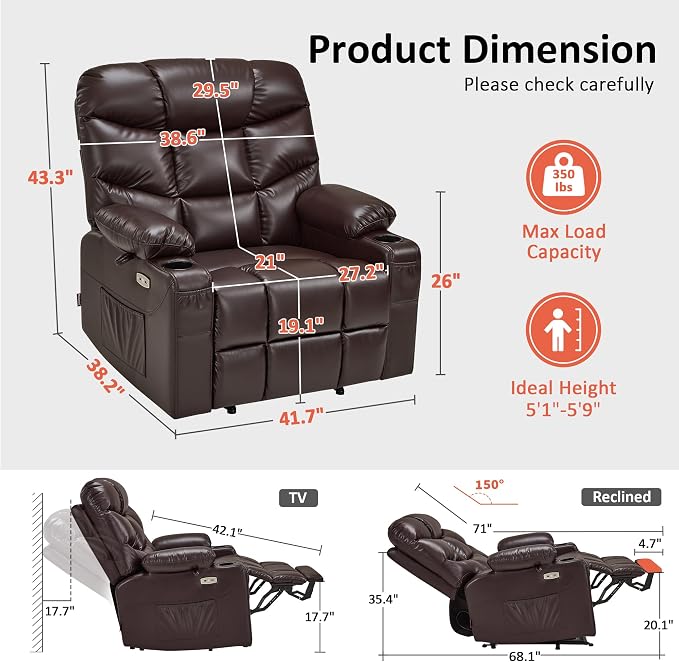 MCombo Oversized Power Lift Recliner Chair with Extended Footrest, Extra Wide for Big and Tall Elderly People, Faux Leather R7289 (Dark Brown, Medium-Wide)