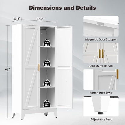 61" Tall Metal Pantry Cabinet, Kitchen Storage Cabinet with 2 Doors and 3 Adjustable Shelves for Kitchen, Living Room, Dining Room, Bathroom and Home, Office (White, 1PC)