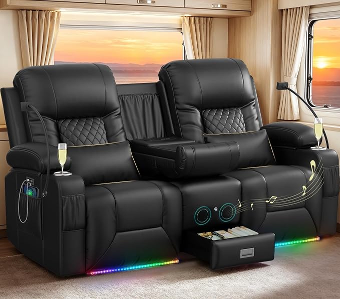 Power RV Loveseat Recliner Sofa, Reclining Loveseat with Flip Back Console, Home Theater Seating with USB Ports, Cup Holders, Wall Hugger Recliners for Movie Room, Black